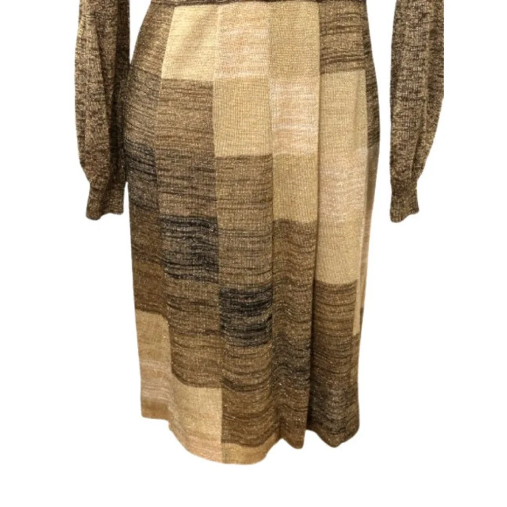 Vtg 70s Ian By Shayne Gold Black Metallic Knit Dress 7/8_3